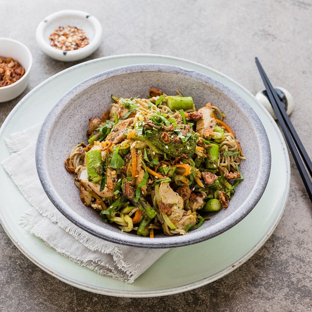 Japanese Seven Spiced Chicken with Mint-Cashew Pesto and Soba Noodles