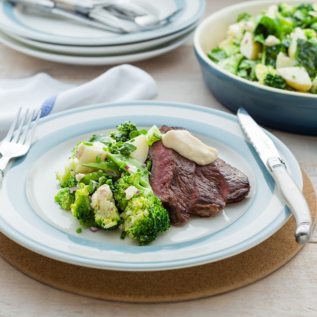 Beef Steaks with Potato Salad and Horseradish Mayo