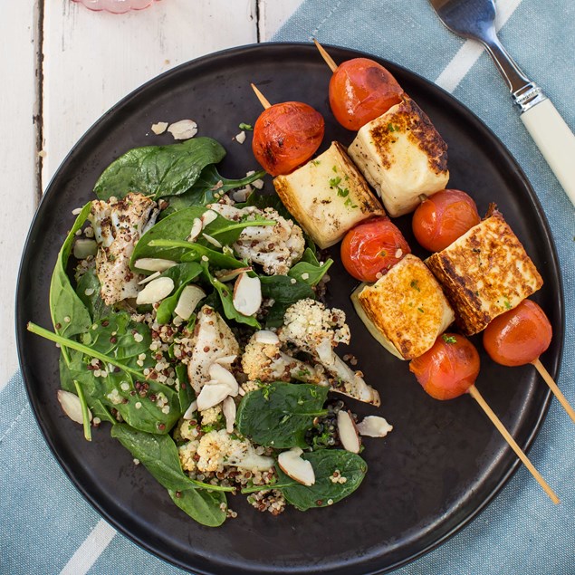 Roast Cauliflower Quinoa Salad with Haloumi Skewers