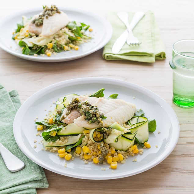 Lemon Seasoned Fish and Bulgur Salad with Caper Dressing