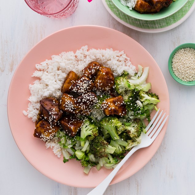 Sticky Asian Chicken with Rice and Greens