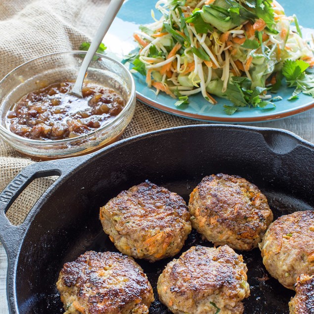 Thai-Style Pork Cakes with Jasmine Rice and Apple Sesame Chutney