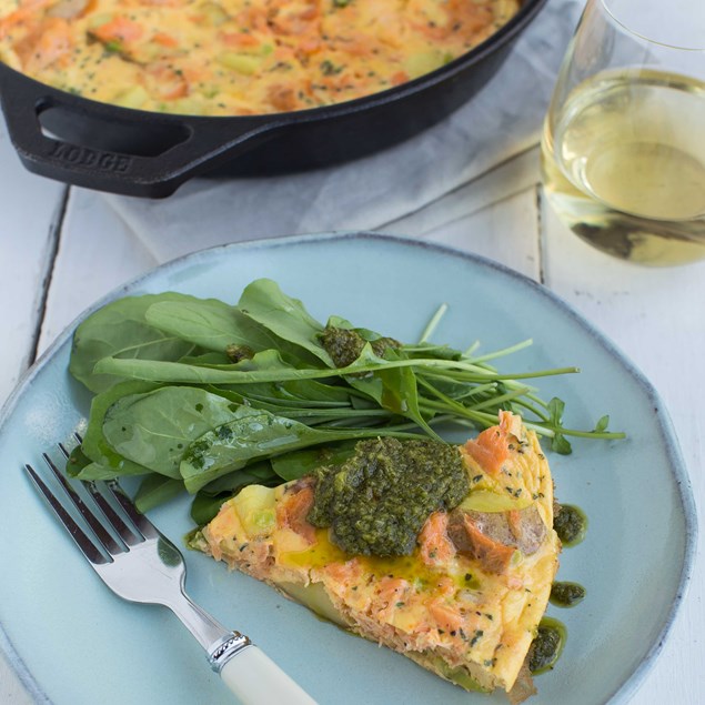 Smoked Salmon and Potato Frittata with Rocket Salad and Salsa Verde