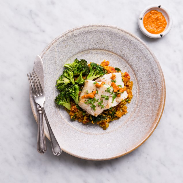 Latin Romesco Fish with Sazon and Tomato Bulgur