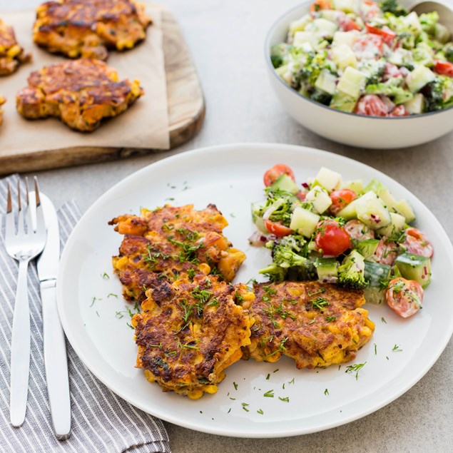 Bacon, Kumara and Corn Cakes with Broccoli Salad