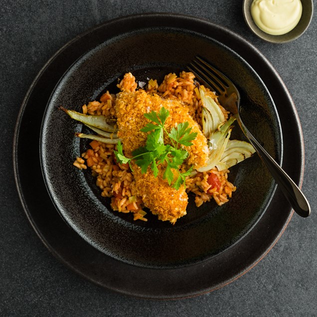 Paprika Crusted Fish with Bomba Rice and Saffron Aioli