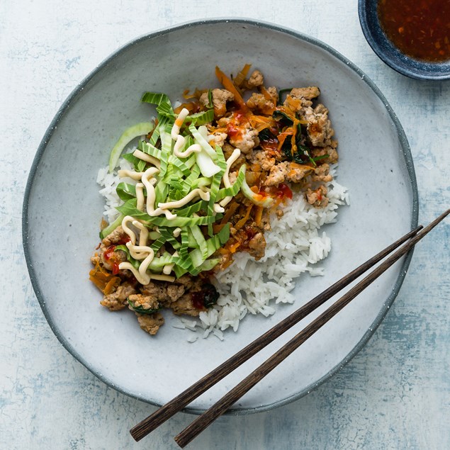 Lemongrass and Ginger Pork with Rice and Crispy Noodle Salad