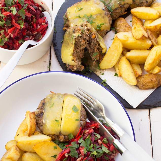 Naked Beef Burgers with Beetroot and Carrot Salad and Chunky Chips