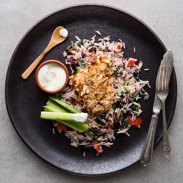 Tandoori-Crusted Fish with Jewelled Rice and Lemon Yoghurt