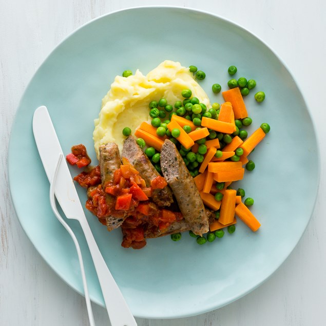 Easy Pork Sausies with Mash and Homemade Tomato Sauce
