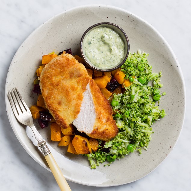 Chicken Schnitzel with smashed broccoli and caper crème