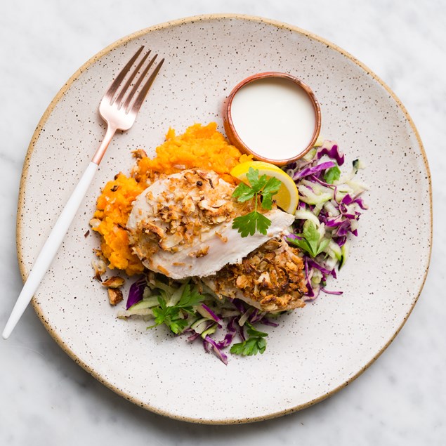Pecan Crusted Chicken With Kumara Mash and Courgette Apple Slaw