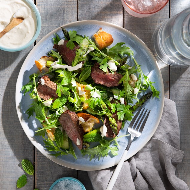 Beef Eye Fillet with Asparagus Salad and Horseradish Cream