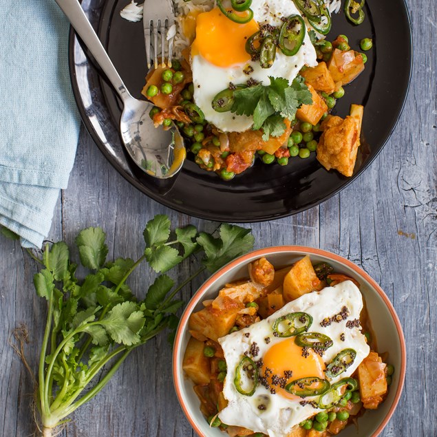 Potato, Pea and Cauliflower Curry with a Fried Egg and Mustard Chilli Oil