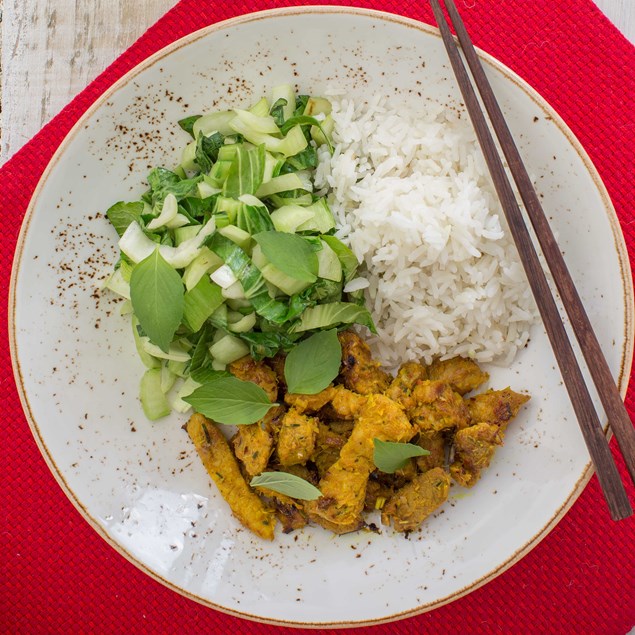 Lemongrass Pork with Lemon Balm, Greens and Coconut Rice