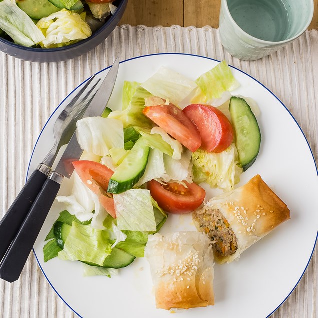 Pork and Sage Filo Rolls with Salad