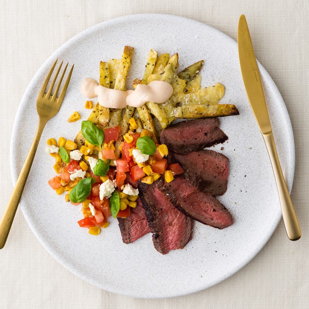 Beef Sirloin Steak with Tomato Salsa and Parmesan Potatoes