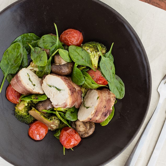 Citrus Bacon-Wrapped Chicken with Balsamic Vegetables
