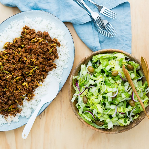 Greek Lamb Rice with Cucumber and Olive Salad