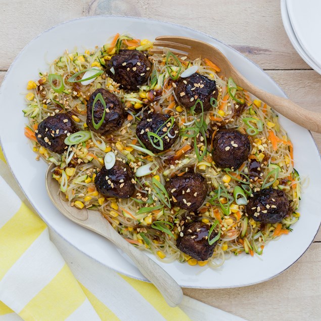 Asian Beef Meatballs with Vermicelli and Corn Noodles