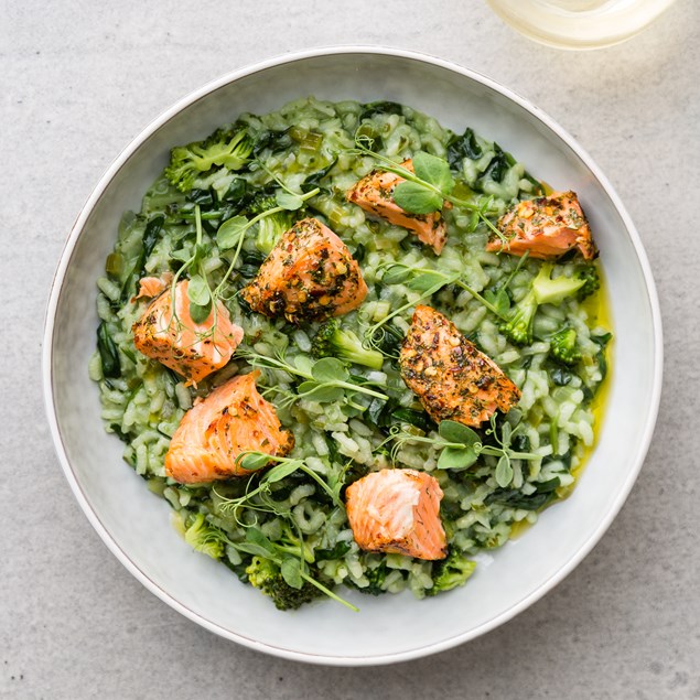 Salmon with Lemon Risotto Verde and Pea Tendrils