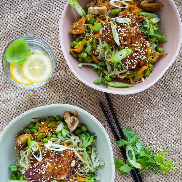 Teriyaki Tofu with Sesame Edamame and Mung Bean Fettuccine