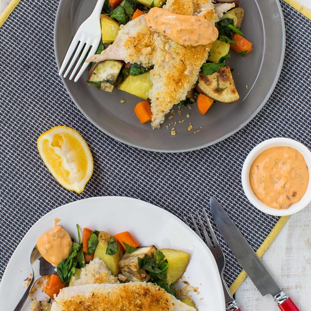 Cashew Lemon-Crumbed Fish with Roast Veges and Sundried Tomato Mayonnaise