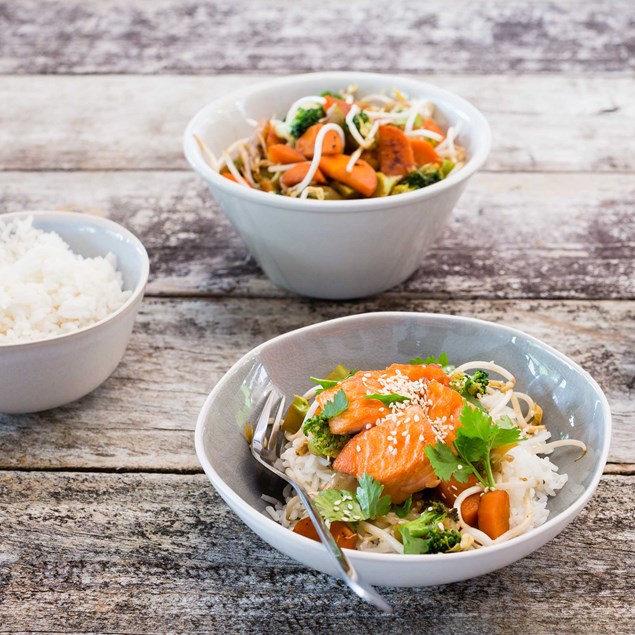 Crispy Salmon with Coconut Rice and Stir-Fried Veggies