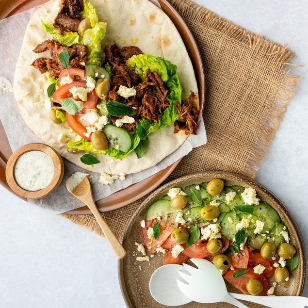 Pulled Lamb Gyros with Greek Salad & Shawarma Dressing