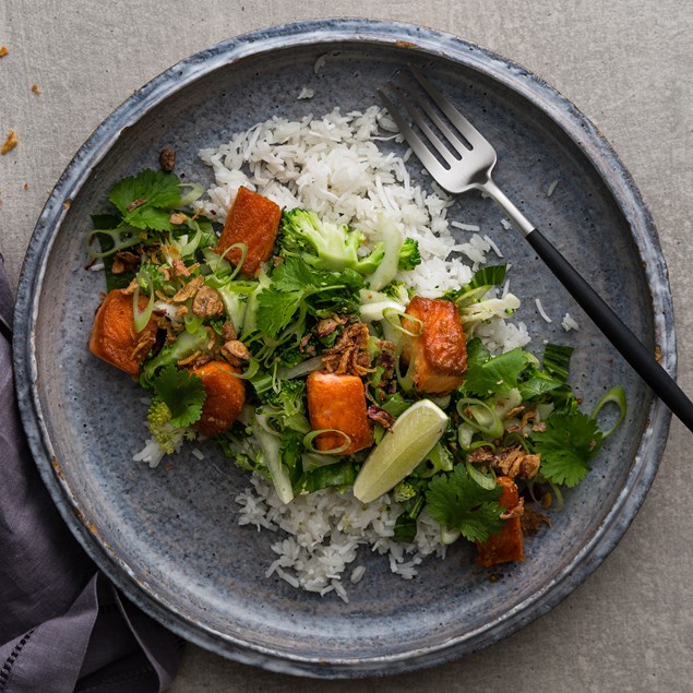 Ca Kho To Salmon with Coconut Rice and Mustard Choy