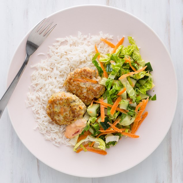 Asian Chicken Patties with Crunchy Slaw