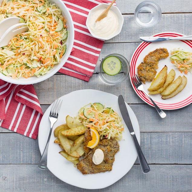 Beef Schnitzel with Potato Wedges and Lemon Mayo