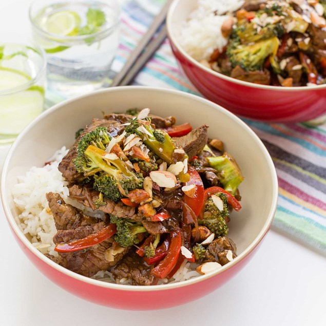 Beef, Broccoli and Almond Stir-Fry with Rice
