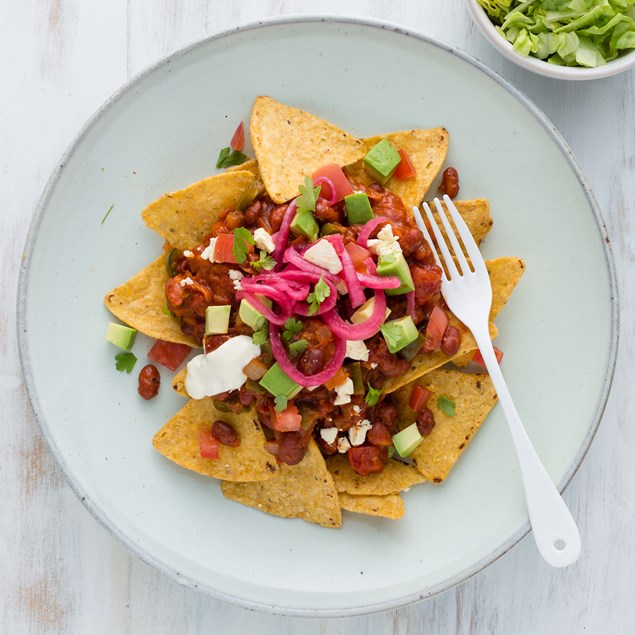 Veggie Nachos with Feta and Pink Pickled Onions