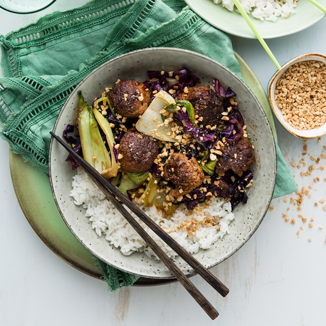 Asian BBQ Beef Meatballs with Rice & Asian Greens