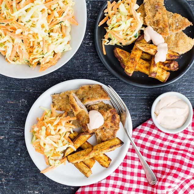 Beef Schnitzel with Mexican Kumara Chips, Slaw and Chipotle Sour Cream