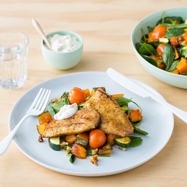 PAN-FRIED FISH WITH ROAST PUMPKIN, SPINACH AND WALNUT TOSS