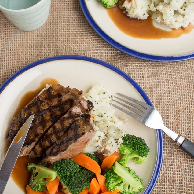 Herb Marinated Beef with Thyme and Garlic Potato Crush and Vegetables