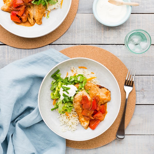 Mexican Chicken Bowl with Baked Rice and Sour Cream 