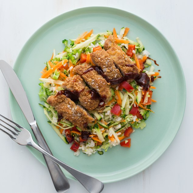 Pork Schnitzel with Brown Rice and Asian BBQ Sauce 