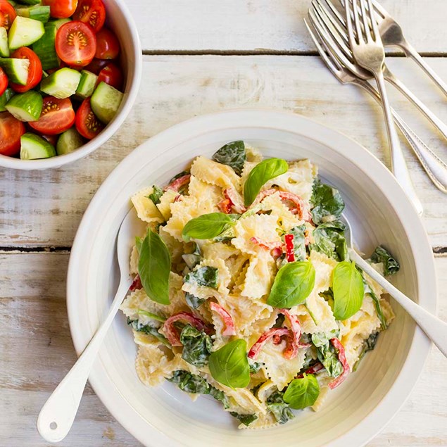 Farfalle Pasta with Cheats Alfredo Sauce and Cherry Tomato Cucumber Salad