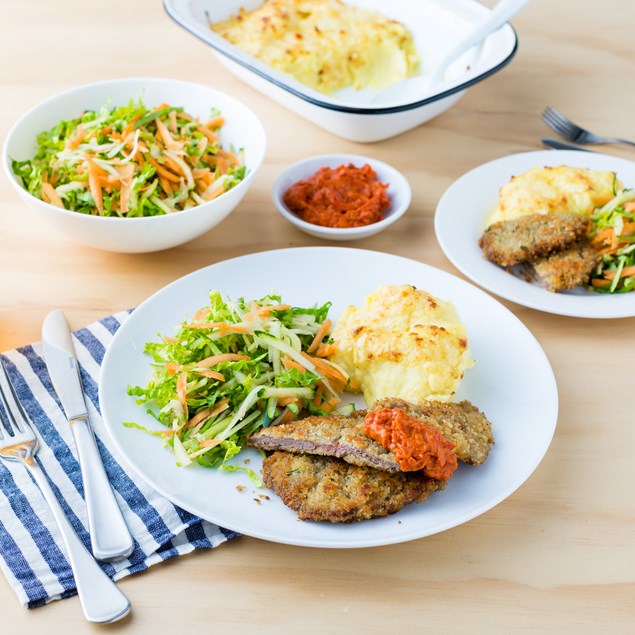 Beef Schnitzel with Cheesy Mashed Potatoes and Slaw