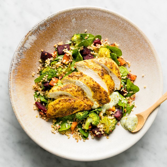 Spiced Chicken with Roast Veggie Bulgur and Chimichurri