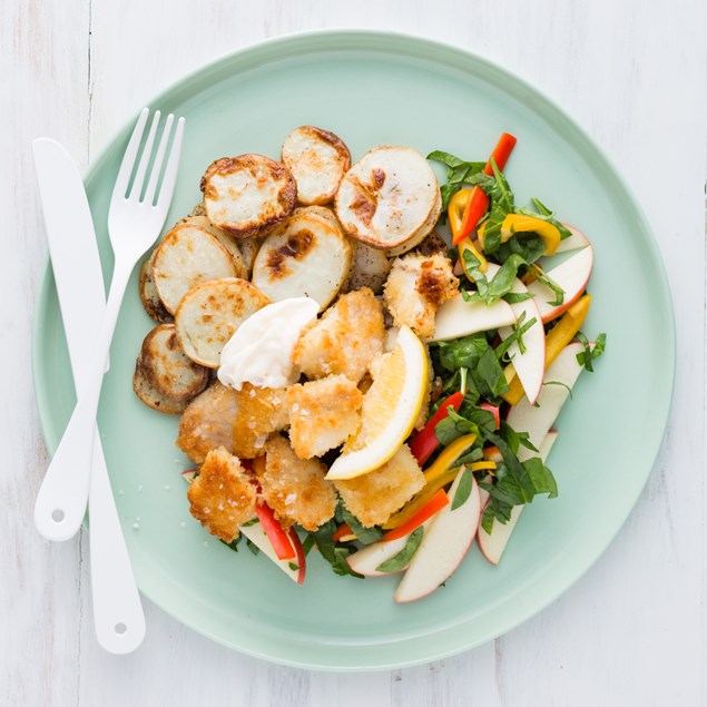 Popcorn Fish with Potato Rounds and Lemon Mayo