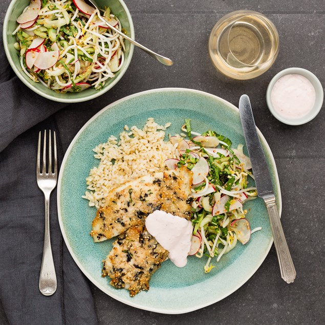 Karengo and Sesame Crusted Fish with Pickled Ginger Aioli