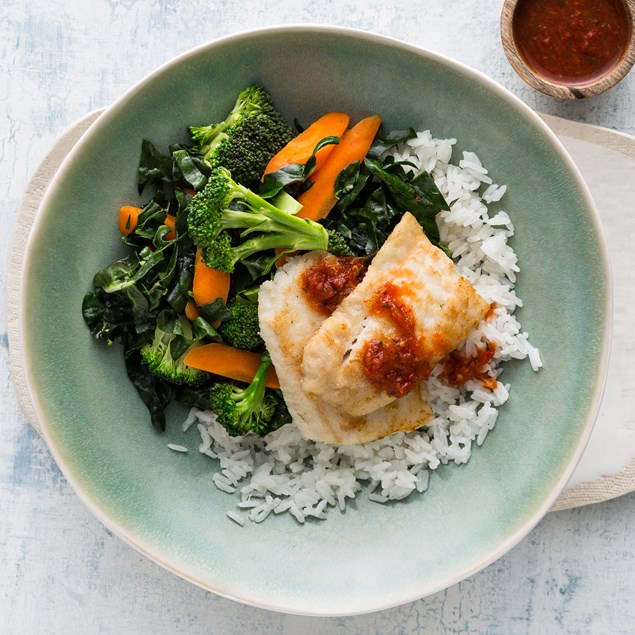 Pan-Fried Fish with Coconut Rice and Chilli Jam