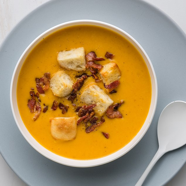 Pumpkin Korma Soup with Crispy Bacon & Croutons