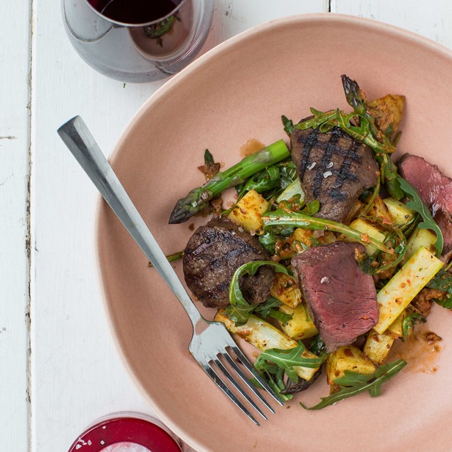 Seared Venison with Asparagus, Rocket and Sicilian Potatoes