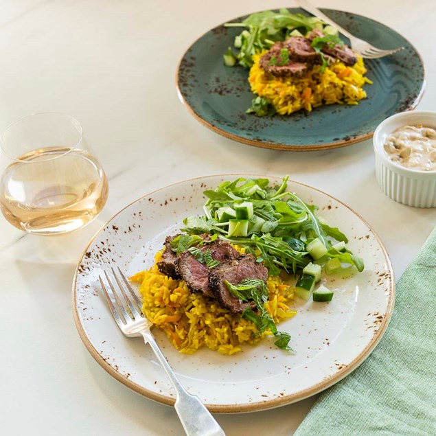 Dukkah Lamb Loin with Rice Pilaf, Rocket Salad and Date Yoghurt