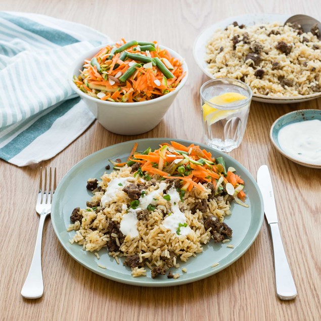 Spiced Lamb Pilaf with Almonds, Golden Raisins and Carrot Salad